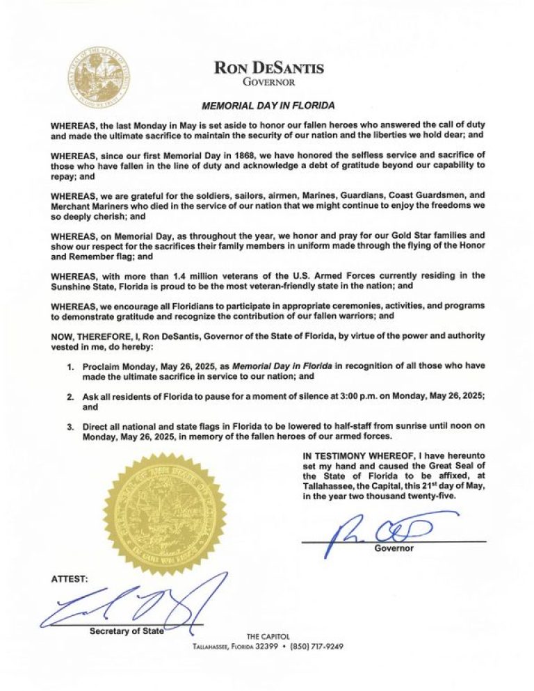 Memorial Day Proclamation from Gov. DeSantis Requests Respect in Honoring Fallen Heroes